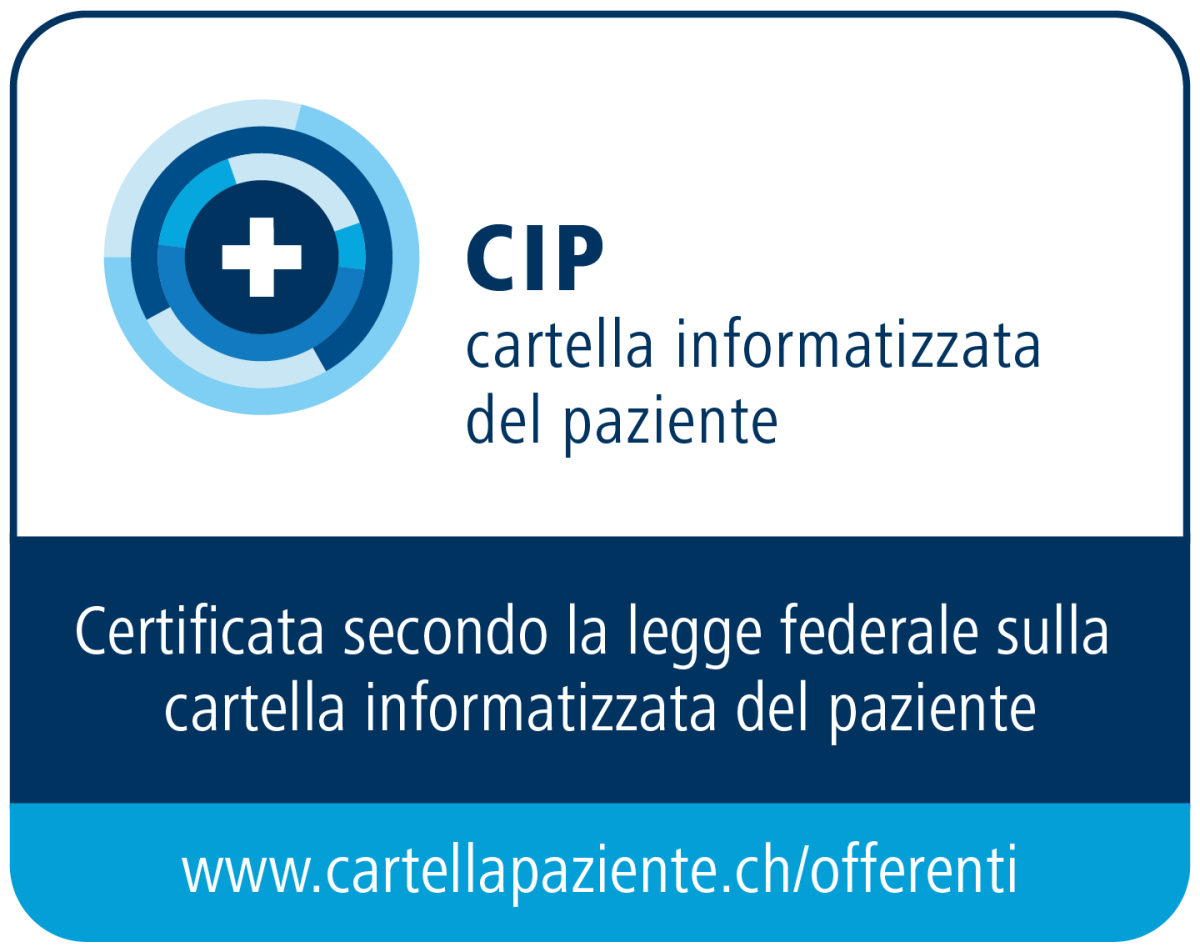 Marchio di certificazione: il marchio di certificazione contiene il logo CIP, la frase “certificata secondo la legge federale sulla cartella informatizzata del paziente e un link URL all'elenco dei offerenti di CIP certificati, www.cartellapaziente.ch/offerenti. 
